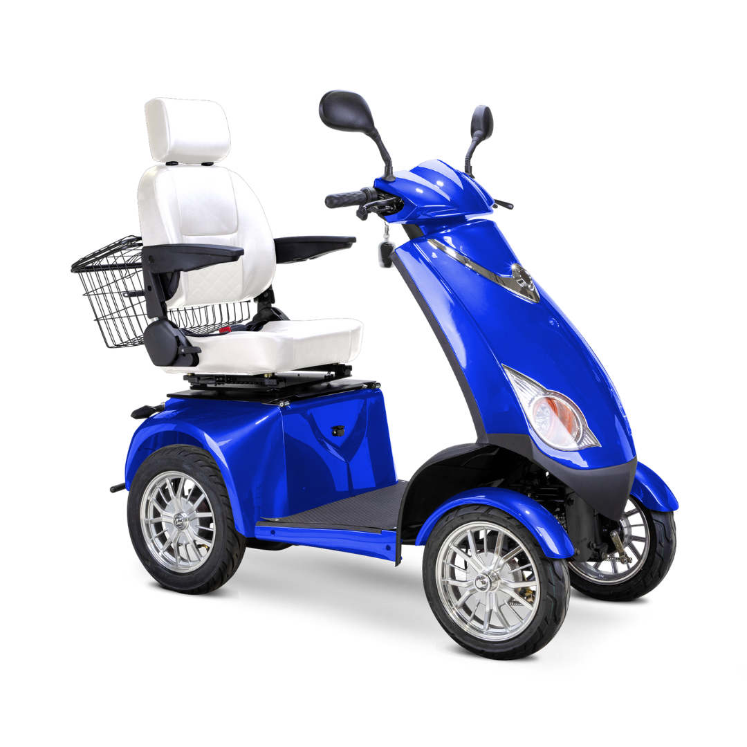 The Bespoke Platinum Recreational 4-Wheel Scooter with Electric Brake Assist features a blue frame, white cushioned seat with armrests, rear-view mirror, and rear metal basket—ideal for personal mobility assistance.